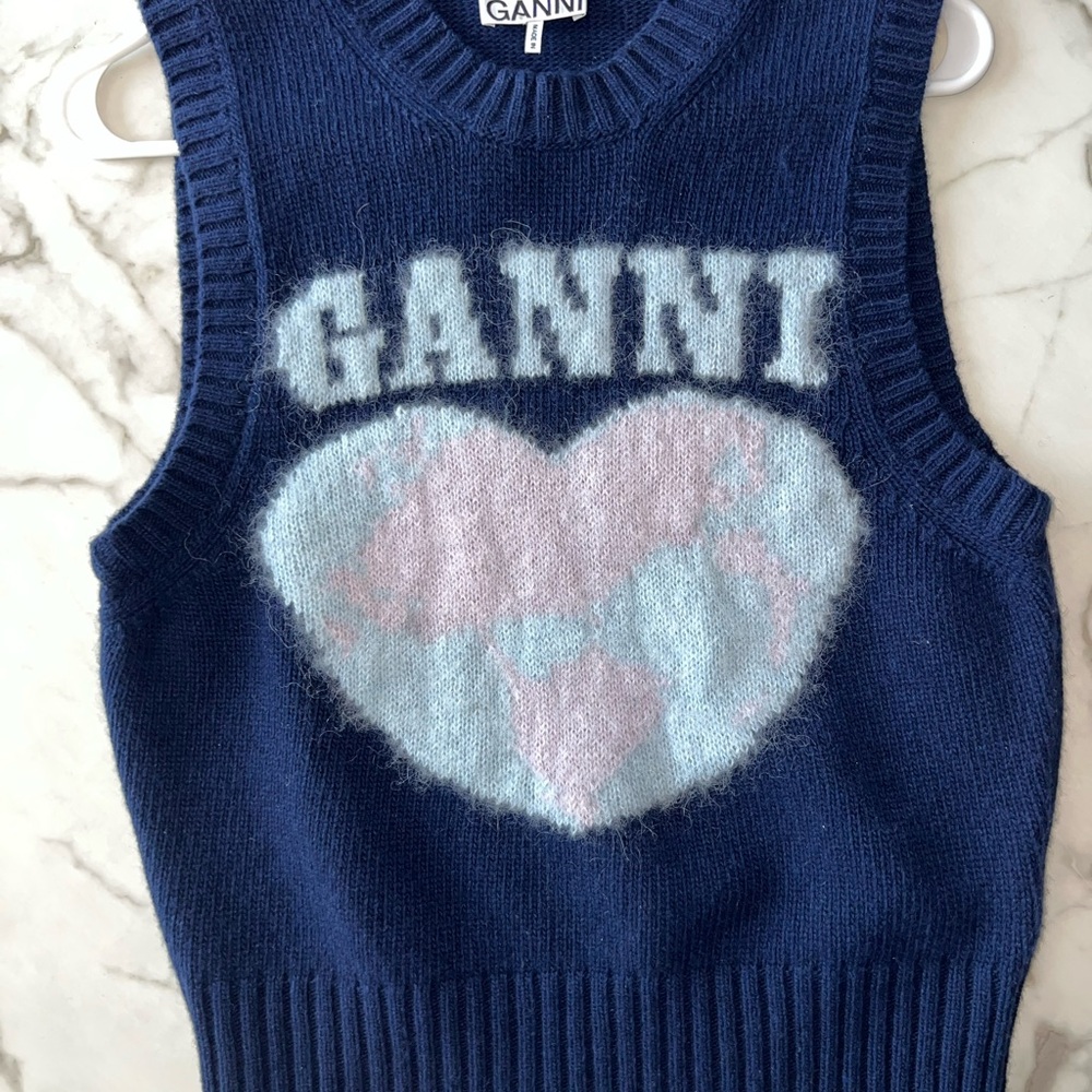 Authentic Ganni Navy Knit Sweater with White Pattern